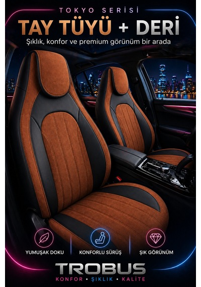 Fiat Albea 2002-2012 Bel Destekli Tay Tüyü Koltuk Kılıfı Tokyo Serisi Taba Siyah