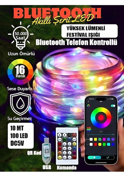 10 Mt Akıllı Led Işık Bluetooth Telefon Kontrolü Su Geçirmez Sese Duyarlı Ev Bahçe Aydınlatma Süsü Çok Renkli