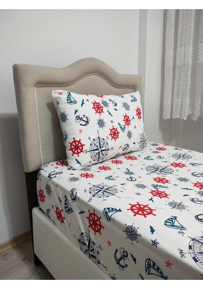Lionas Tek Kişilik Ranforce Kumaş Lastiksiz Çarşaf Takımı Denizci Beyaz