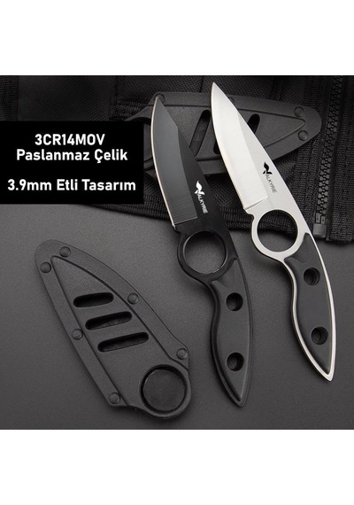 Valkyrie 3cr14mov Kılıflı Paslanmaz Çelik Parmak Delikli Outdoor Kamp Bıçağı 17.5 Cm Kompakt Gövde Siyah