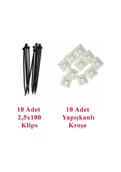20'li Kablo Düzenleme Seti 20x20 Yapışkan Kroşe + 2.5x100 Siyah Kablo Bağı