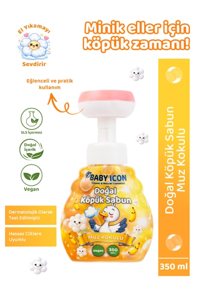 Baby Icon Doğal Çocuk Köpük El Sabunu 350 Ml Muz Kokulu Lavanta Aynısefa Vegan Parabensiz Köpük