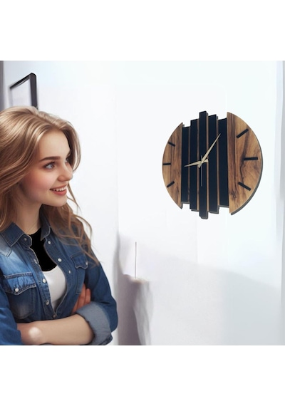 Modern Ahşap Duvar Saati 35cm Siyah