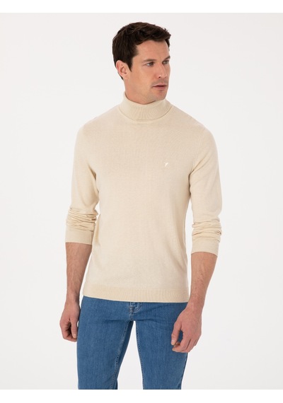 Cacharel Bej Slim Fit Pamuk Karışımlı Balıkçı Yaka Basic Triko Kazak