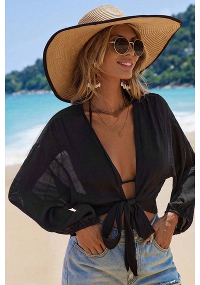 Merry See Angelsin Önden Bağlamalı Salaş Gömlek Pareo Crop Bluz Siyah