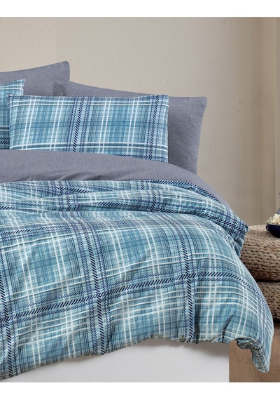 Mystory Home Lastikli Çarşaflı Çift Kişilik Nevresim Takımı Ekose Indigo