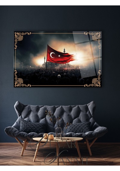 Dalgalanan Türk Bayrağı Ve Cami Cam Tablo , Modern Ev Ofis Salon Duvar Dekoru Büyük Tablo ,hediyelik