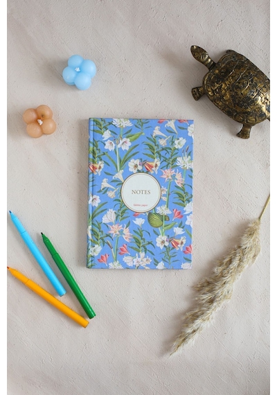 Çiçekli Bez Ciltli Defter / Çizgili Mavi