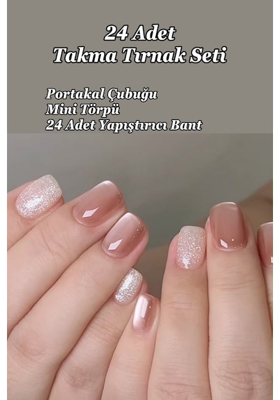 Pembe Simli 24 Adet Kedi Gözü Protez Takma Tırnak Seti Kısa Tırnak Küt Model My150 Simli Pembe