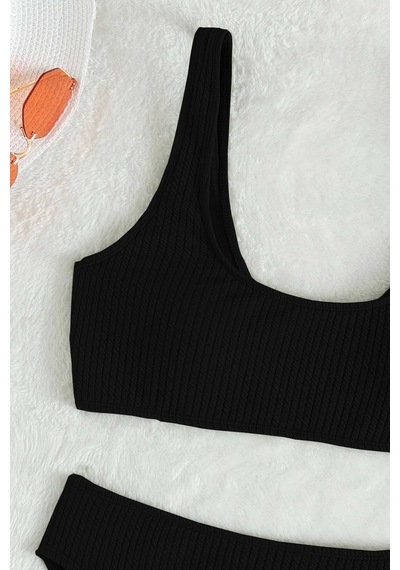 Angelsin Özel Fitilli Kumaş Tankini Bikini Üstü Siyah