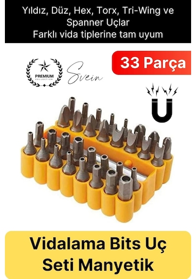 Bitsuç Premium 33 Parça Kutulu Yıldız Düz Sağlam Dayanıklı Mıknatıslı Şarjlı Vidalama Bits Uç Seti