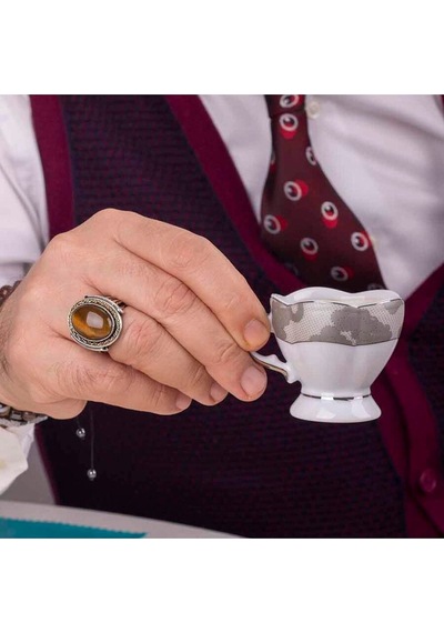 925 Ayar Gümüş Oval Tasarım Kahverengi Kaplangözü Taşlı Erkek Yüzük