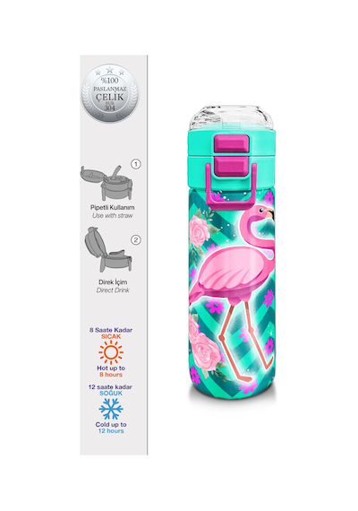 Coral High Kids Su Yeşili Pembe Flamingo Desenli Pipetli Ve Direkt İçim Çelik Termos 500 Ml 31820 Su Yeşili