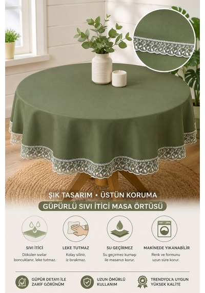 Haki Yeşili Yuvarlak Masa Örtüsü Keten Görünümlü Lüks Çeyizlik Salon Mutfak Sofra Örtüsü
