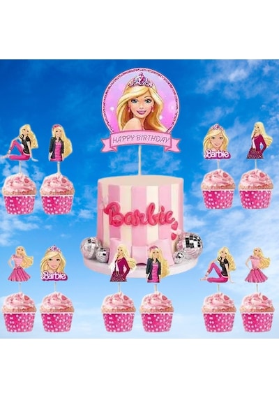 Barbie Cake Topper Set Pasta Seti 20 Kürdan 25 Kek Kalıbı 1 Pasta Üstü Büyük Doğum Günü Pasta Süsü +3