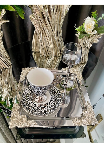 Atabey Home Collection 6'lı Kahve & Çay & Sunum Tepsisi Metal Döküm Kare Gümüş Gül Model