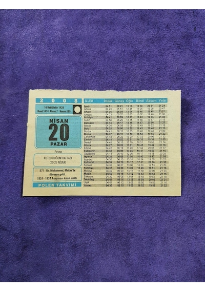 20 Nisan 2008 Takvim Yaprağı - Nostaljik Koleksiyonluk Takvim Yaprağı