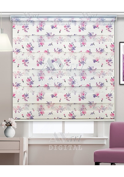 Pembe Ve Mor Çiçek Baskılı Zebra Perde - Dijital Baskılı Zebra Stor Perde Çok Renkli