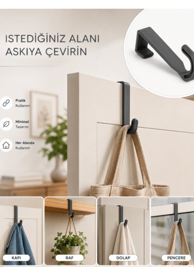 Beylini 10'lu Pratik Askı Kapı Banyo Mutfak Düzenleyici Askı Seti Pratik Kanca Askılık Basit Pratik Tak Çıkar Antrasit