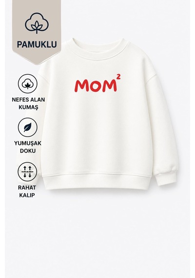 Monila Unisex Çocuk Anne Baskılı 3 İplik Kumaş Pamuklu Sweatshirt Ekru