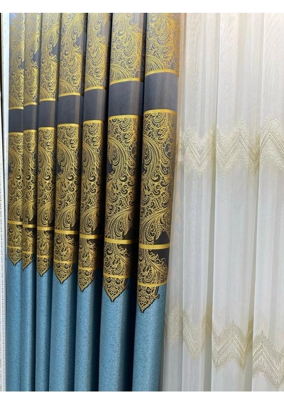 Nivemeshome Milas Turkuaz-gold 671539 1/3 Sık Pileli Fon Perde Apm Turkuaz-gold