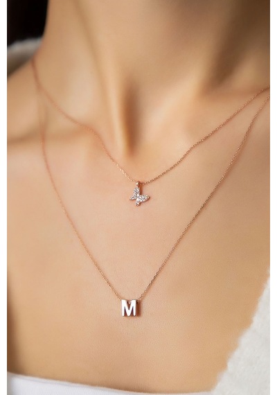 Papatya Silver 925 Ayar Gümüş Rose Kaplama Kadın Asansörlü Beyaz Kelebek ve Harf Model Kolye