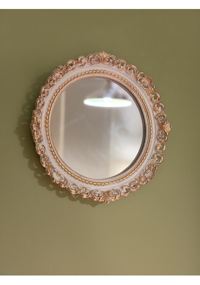 Dantel Kabartmalı Yuvarlak Duvar Aynası Beyaz & Eskitme Altın 28 Cm Naturel