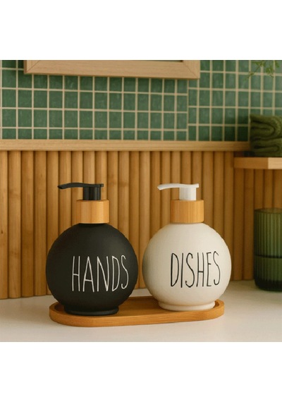 Bambu Stantlı Top Model Cam Sabunluk, Hands & Dishes 500 Ml Sıvı Sabunluk Seti Siyah-beyaz