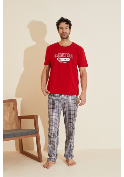 Siyah İnci Bisiklet Yaka Baskılı Örme Pijama Takım 25109842 Kırmızı