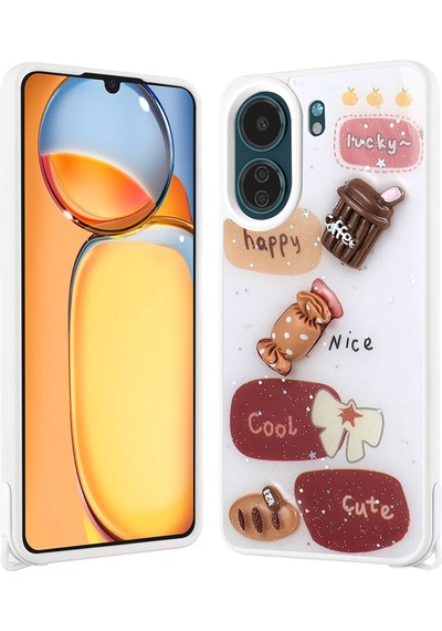 Xiaomi Redmi 13c İle Uyumlu Kılıf Parlayan Sıvılı Simli Kabartma Figürlü Kapak