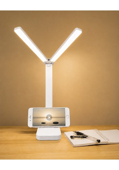 Katlanabilir Çift Başlıklı Led Masa Lambası 3 Işık Modlu, Dokunmatik, Telefon Standlı, Ayarlanabilir Çalışma Ve Okuma Lambası, Beyaz