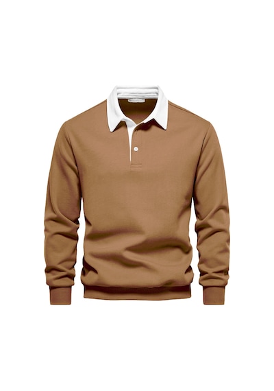 Ghassy Co. Erkek Retro Renk Bloklu Pamuklu Gömlek Yaka Sweatshirt Tarçın