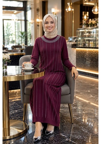 Hb Harma Time Butik Kadın Taş İşlemeli Kristal Kumaş Uzun Tesettür Bordo Elbise
