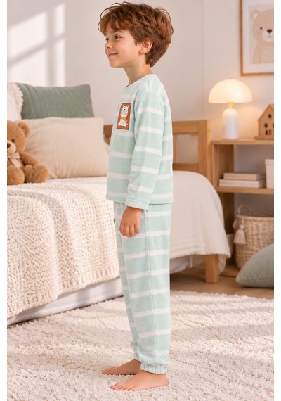 Luess Erkek Çocuk %100 Pamuk Havlu Pijama Takımı Ayıcık Baskılı Uzun Kollu Mint Yeşili Örme