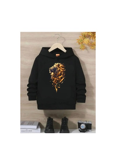 Ss Sinser Erkek Çocuk Aslan Baskılı Kapüşonlu Sweatshirt Siyahh2