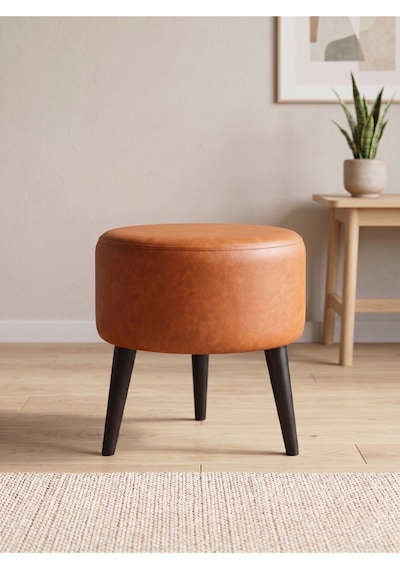 Modern Taba Deri Puf Tabure Ahşap Siyah Ayaklı Yuvarlak Puf 40x42 Cm