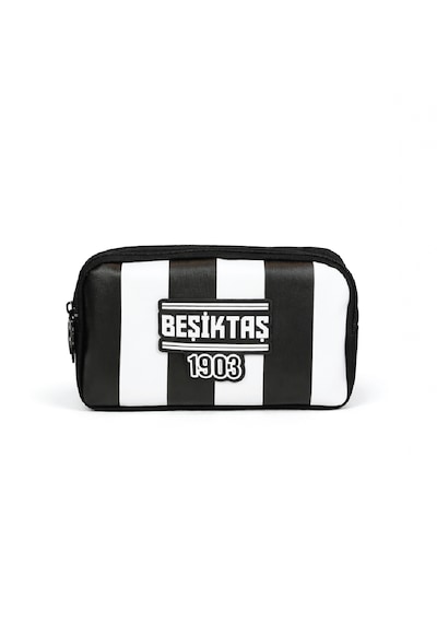 Beşiktaş Lisanslı Çift Bölmeli Çubuklu Desen Kalemlik - Rubber Logolu Su İtici Kumaşlı Kalem Kutusu Siyah - Beyaz
