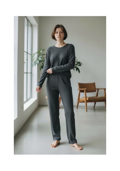 Feg Store %100 Pamuk Antrasit Yumuşak Dokulu Fitilli Uzun Kollu Kadın Pijama Takımı