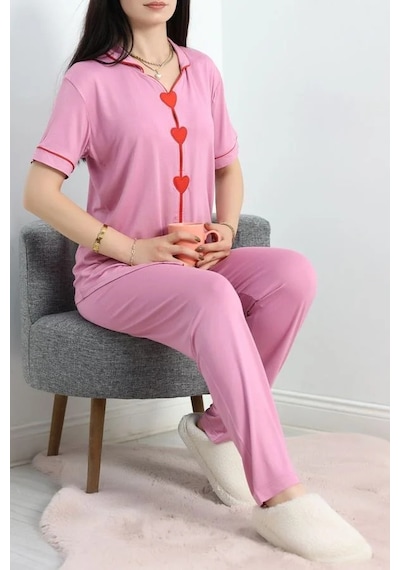 Seka Store Seka Kalp Nakışlı Biyeli Viskon Pijama Takım Pembe - 40564.1857. Çok Renkli Seka Store Seka Kalp Nakışlı Biyeli Viskon Pijama Takım Pembe - 40564.1857. Çok Renkli