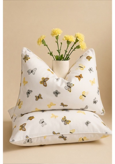 Sarı Kelebek Desenli Pamuklu Ranforce Kumaş Fermuarlı Yastık Kılıfı 2 Adet 50x70 Cm Yeşil