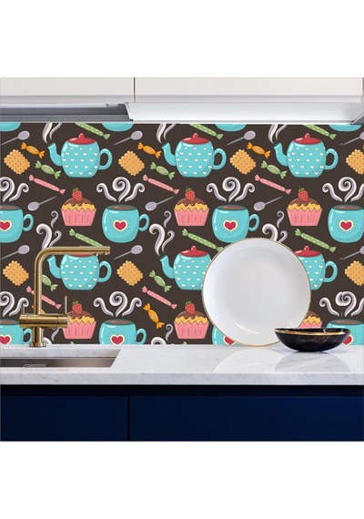 Mutfak Tezgah Arası Kendinden Yapışkanlı Folyo Kaplama Çay Cupcake Desen 60cmx100cm