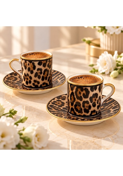 2 Kişilik 4 Parça Leopar Desenli Türk Kahvesi Fincan Takımı, Gold Detaylı Şık Kahve Seti Siyah