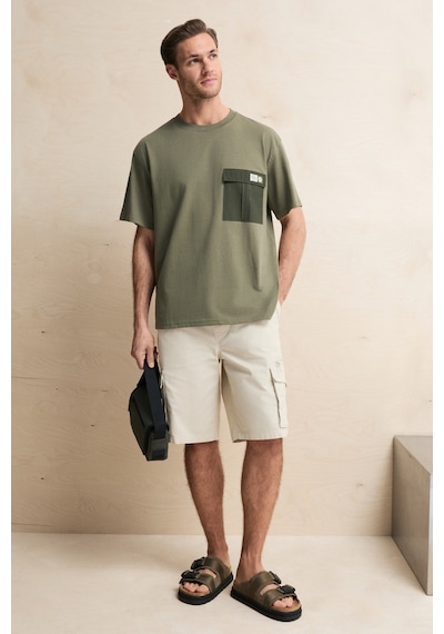 Grimelange Pocket Erkek %100 Organik Pamuklu Dokuma Cepli Etiket Detaylı Haki T-shirt