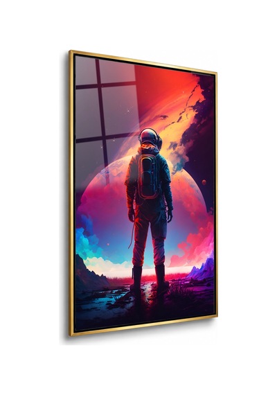 Dev Gezegen Önünde Astronot Gold Çerçeveli Cam Tablo