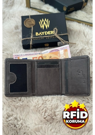 Bayderi Olis Erkek Hakiki Deri Rfid Korumalı Mıknatıs Kapamalı Kartlık Cüzdan-3528 Crazy Gri