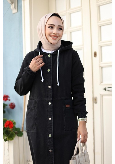 Harman Butik Kadın Uzun Cepli Kapüşonlu Kot Kap Siyah Siyah