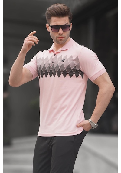 Madmext Pudra Desenli Polo Yaka Erkek Tişört 6106-pudra Pudra