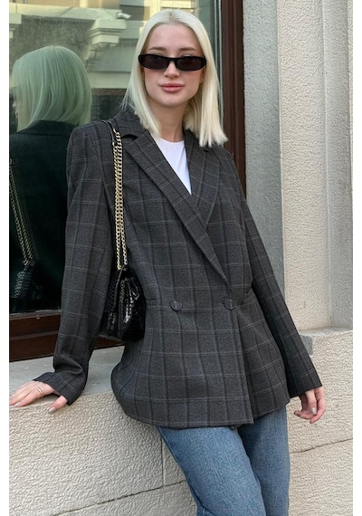 Antrasit Kareli Kadın Blazer Ceket Mg2624 Antrasit