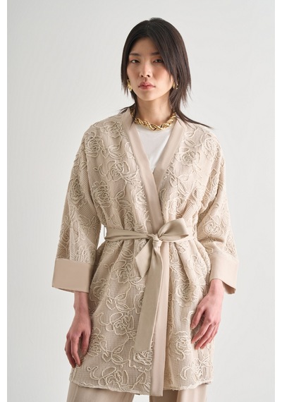 Desenli Mizalle Örgü Nakışlı Bej Rengi Premium Kimono Ceket Bej