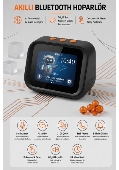 Yapay Zeka Sesli Asistan Akıllı Bluetooth Hoparlör AI Sohbet 21 Dil Çeviri Dokunmatik Ekran Dijital Masa Saati Bluetooth 5.4